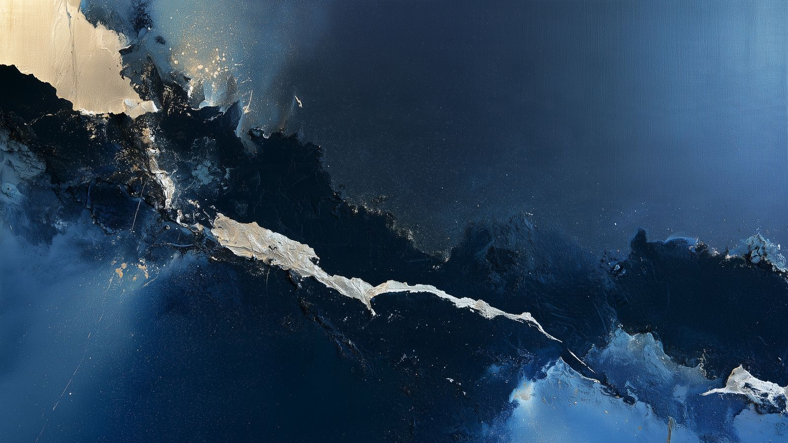 Abstract painting of deep indigo mineral pigment crossed by a diagonal vein of textured silver, with a pale gold area in the upper left