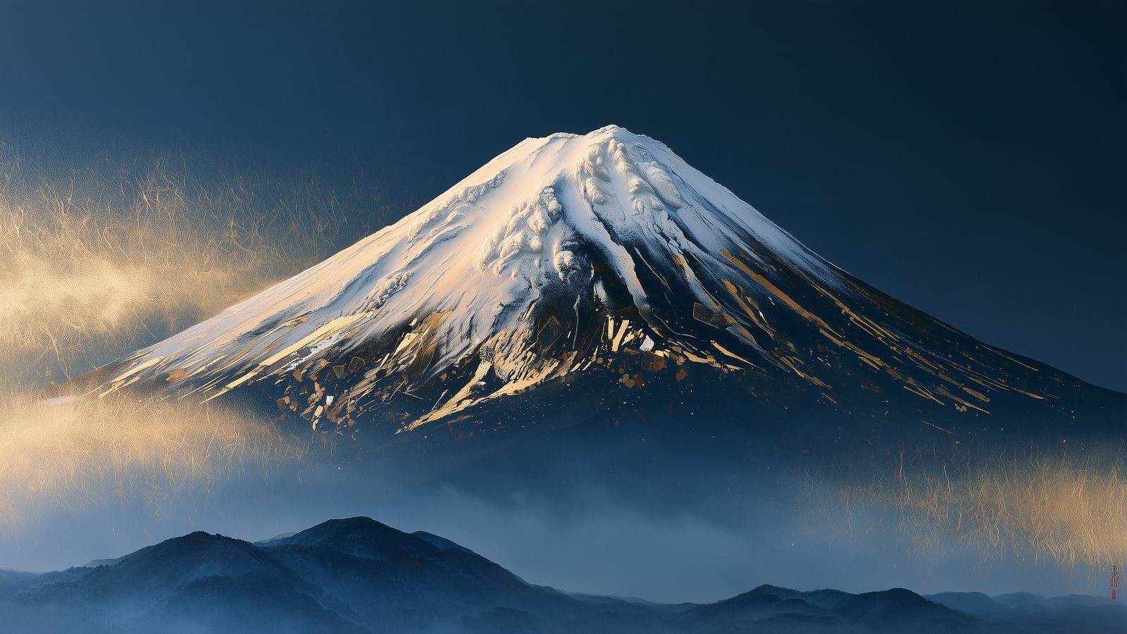 Snow-capped Mount Fuji with gold leaf strokes on its slopes, rising above misty blue foothills against a deep indigo sky