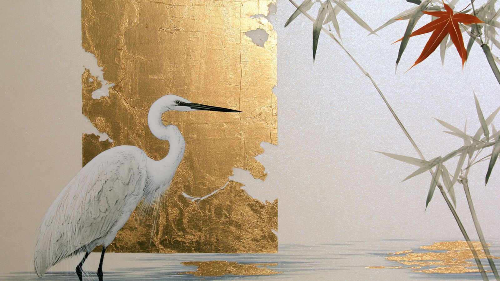 A white heron standing in still water before a gold leaf panel, with bamboo and a single red maple leaf on a pale silver ground