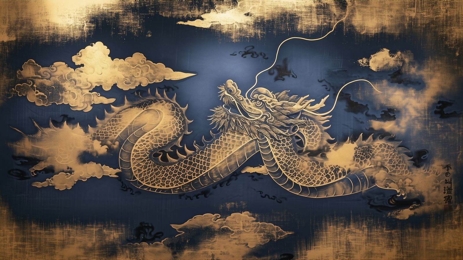 A gold Japanese dragon coiling through stylized clouds on a dark indigo ground, in the style of a gold leaf screen painting